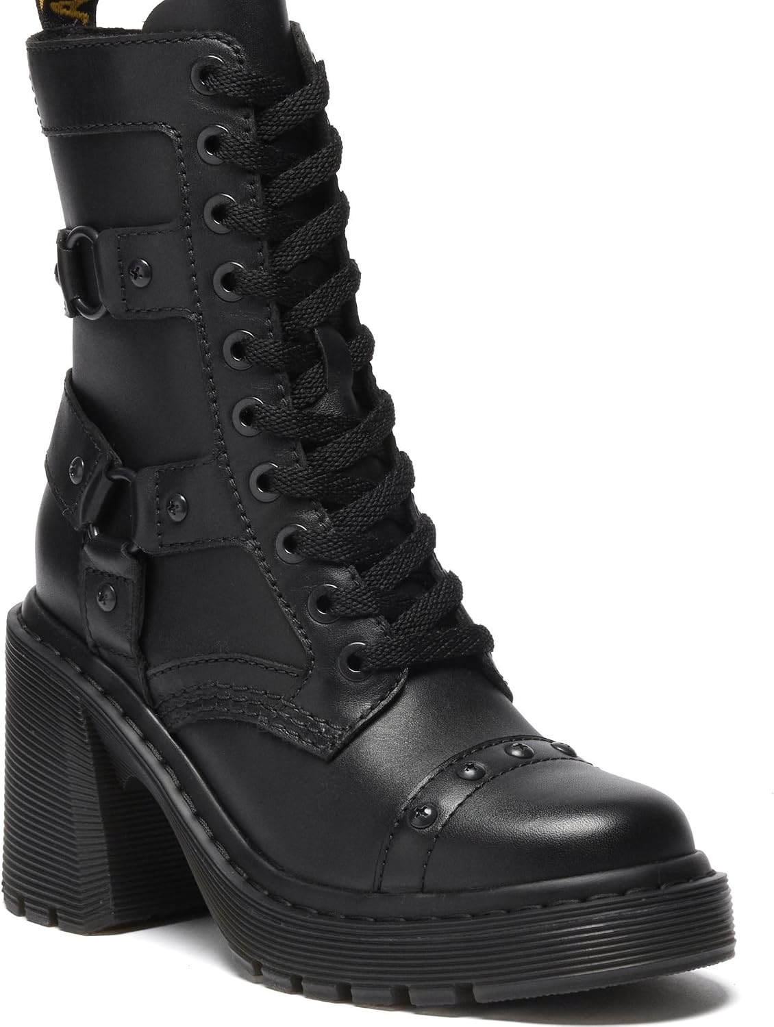 Dr. Martens Women's Chesney Harness Flare Heel Leather Boots Black Sendal