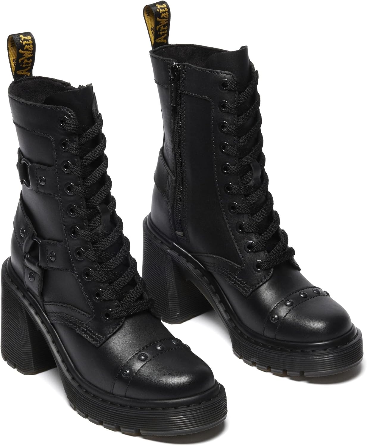 Dr. Martens Women's Chesney Harness Flare Heel Leather Boots Black Sendal