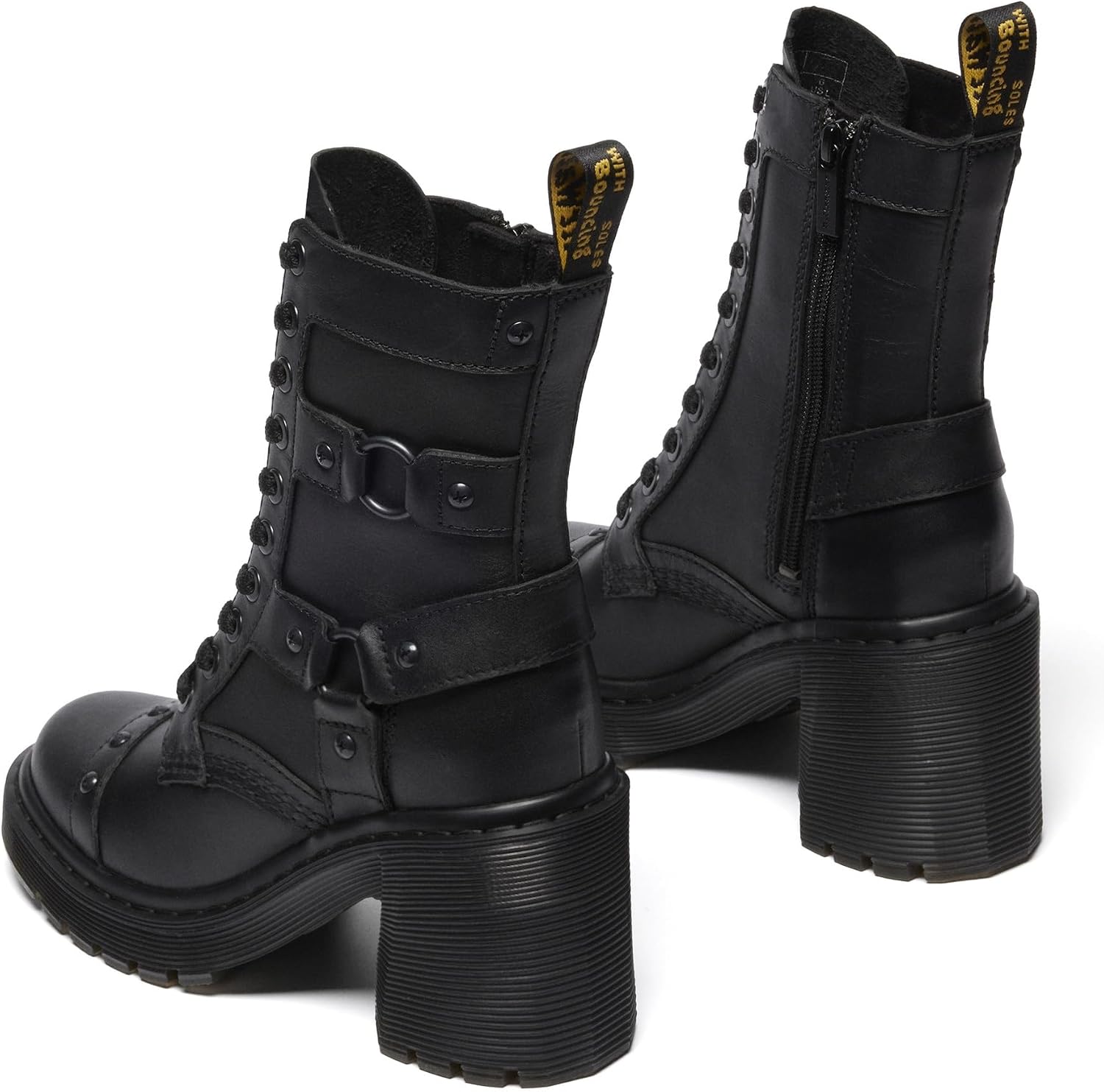 Dr. Martens Women's Chesney Harness Flare Heel Leather Boots Black Sendal