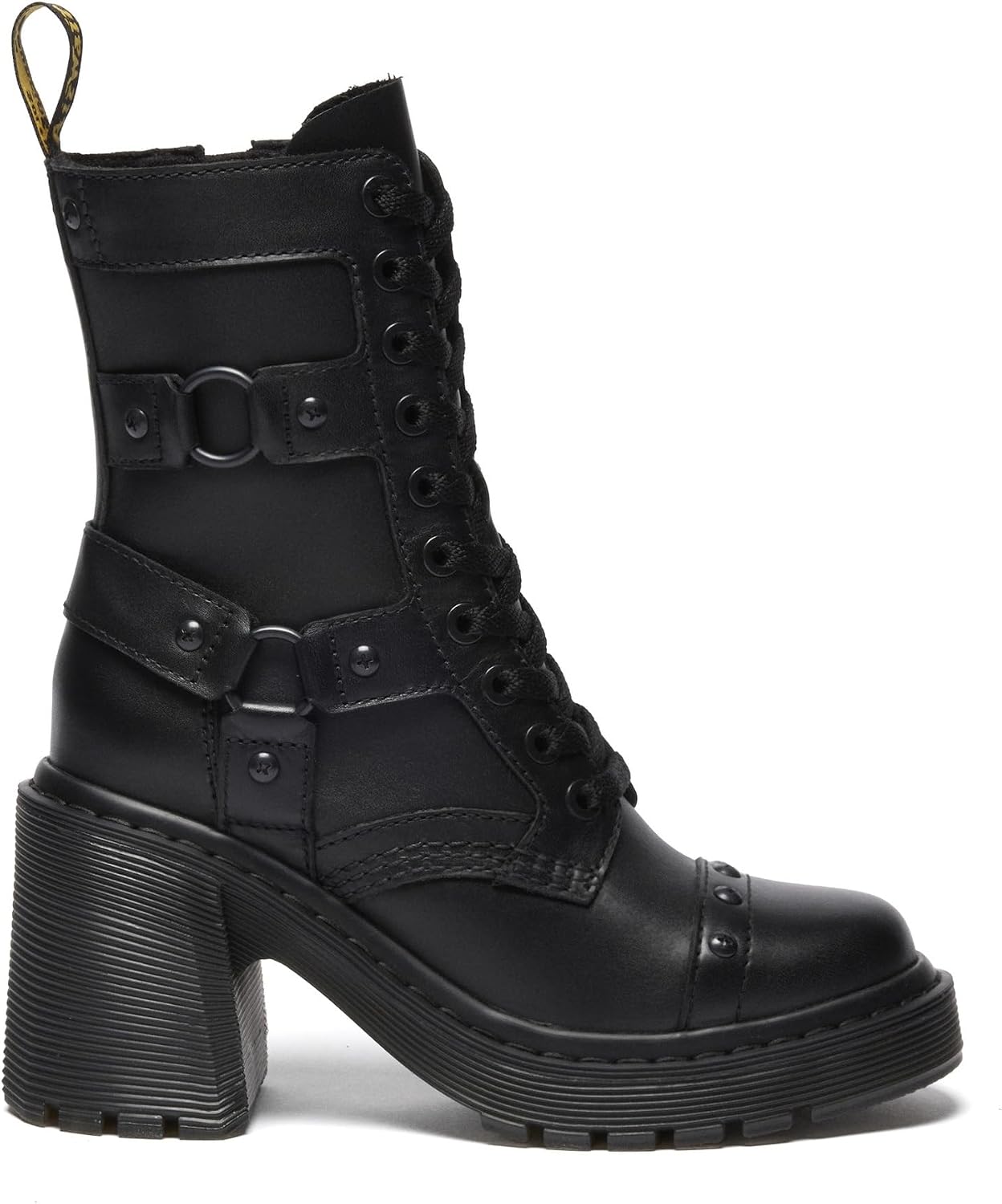 Dr. Martens Women's Chesney Harness Flare Heel Leather Boots Black Sendal