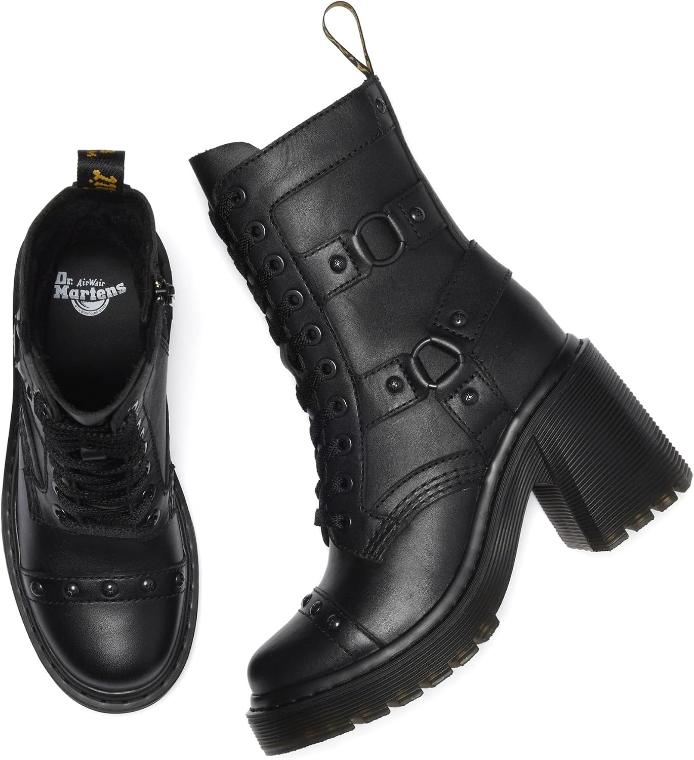 Dr. Martens Women's Chesney Harness Flare Heel Leather Boots Black Sendal