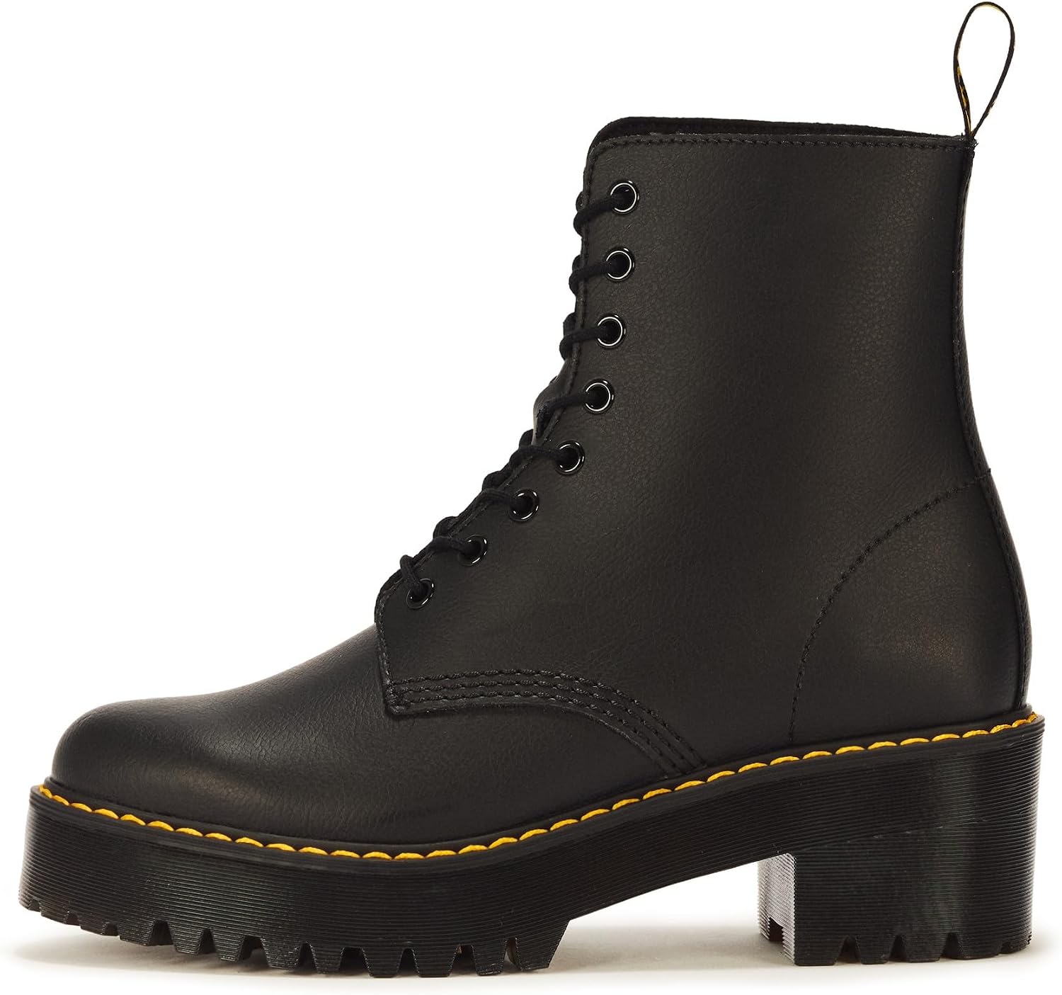 Dr. Martens Women's Sanguine 8 Eye Lace Up Heeled Combat Boot Black Athena