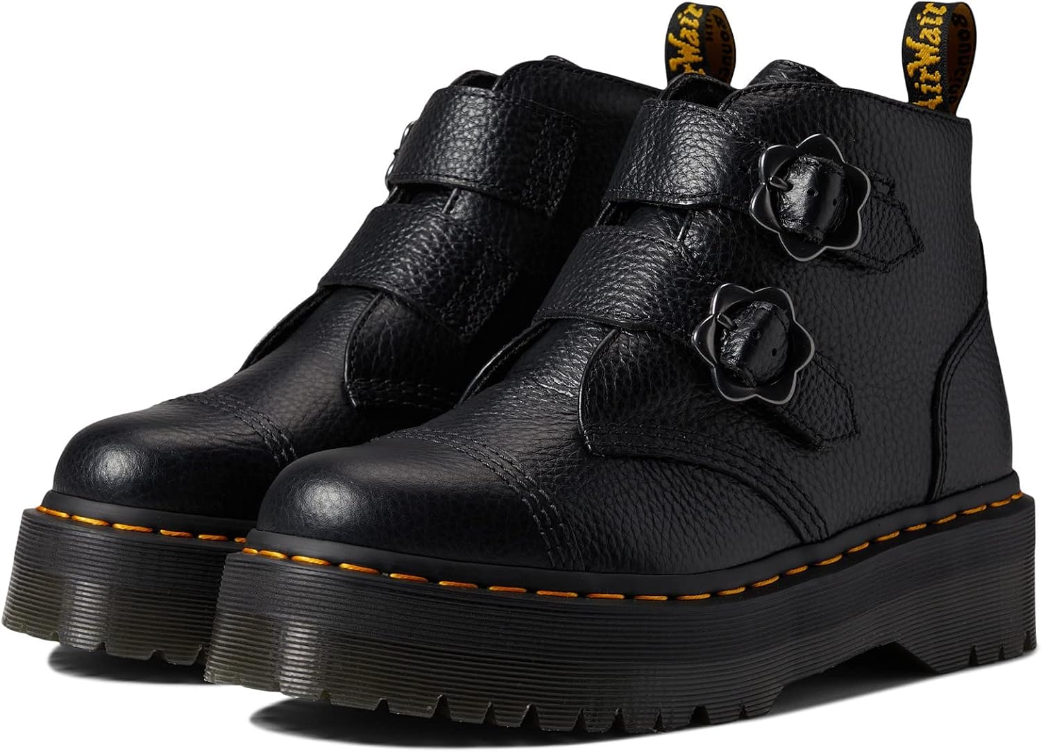 Dr. Martens Women's Devon Flower Leather Platform Boot Black Milled Nappa