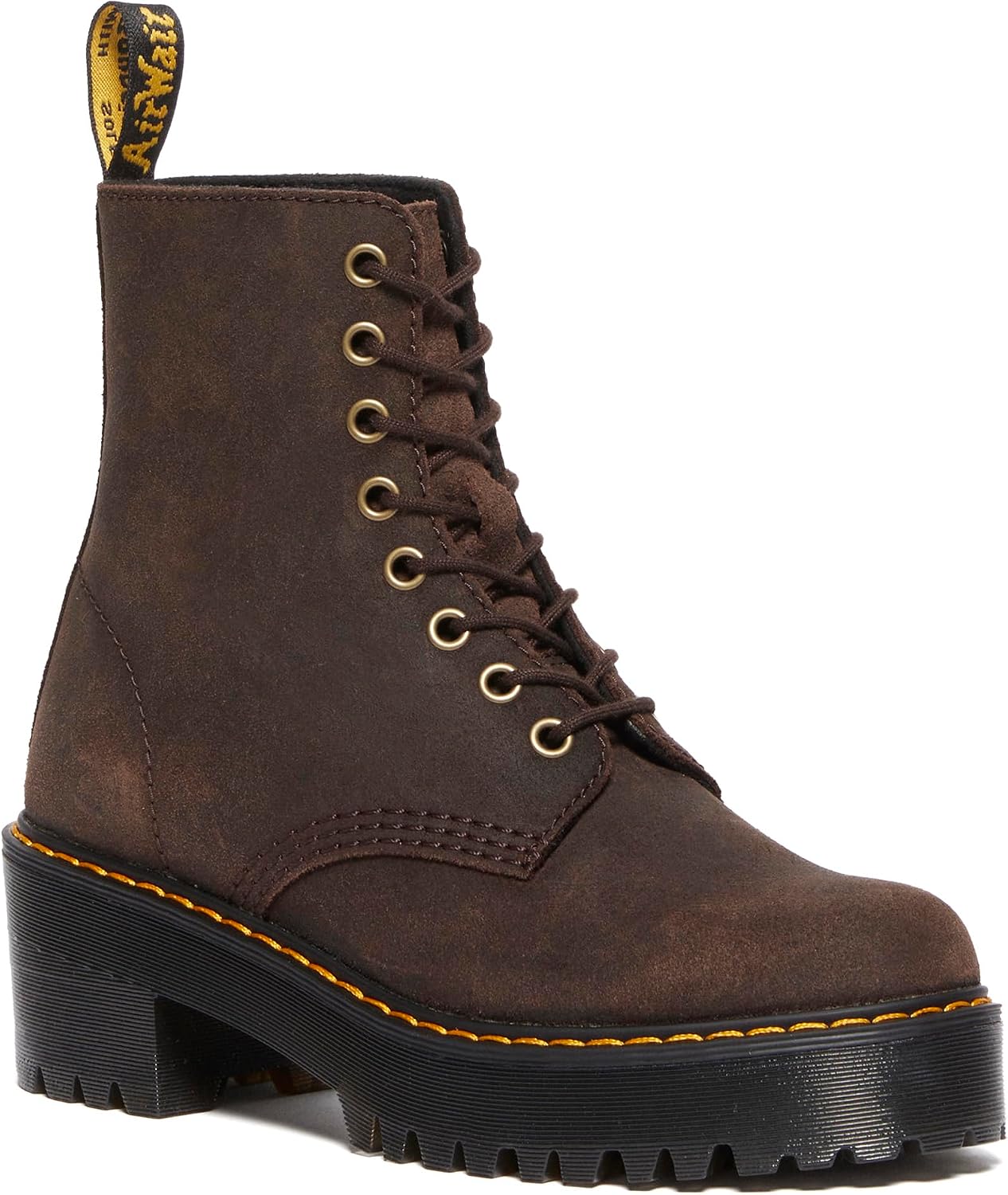 Dr. Martens Women's Sanguine 8 Eye Lace Up Heeled Combat Boot Dark Brown Cedar Creek
