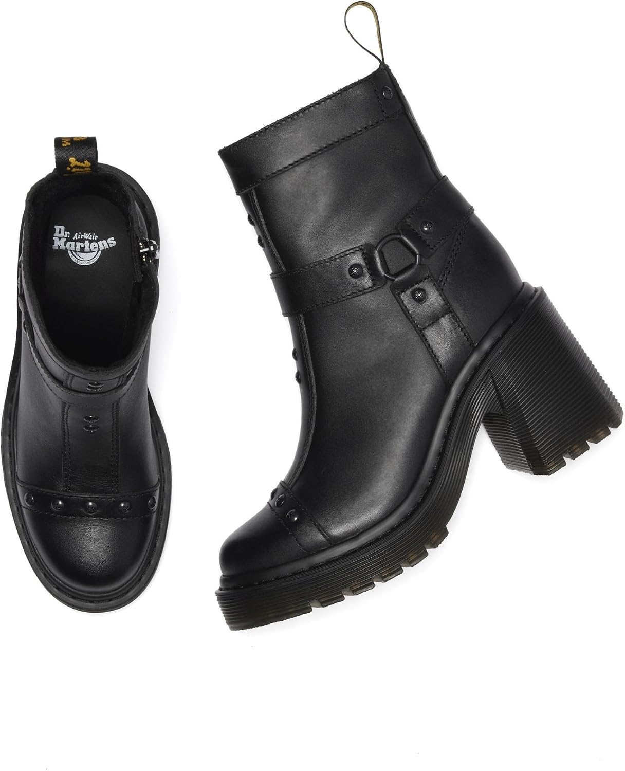 Dr. Martens Women's Spence Harness Flare Heel Leather Chelsea Boots Black Sendal