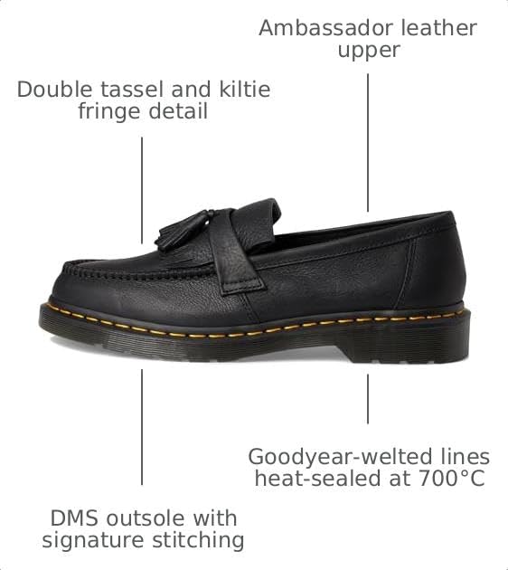 Dr. Martens Unisex Adult Adrian Yellow Stitch Leather Loafers Black Ambassador