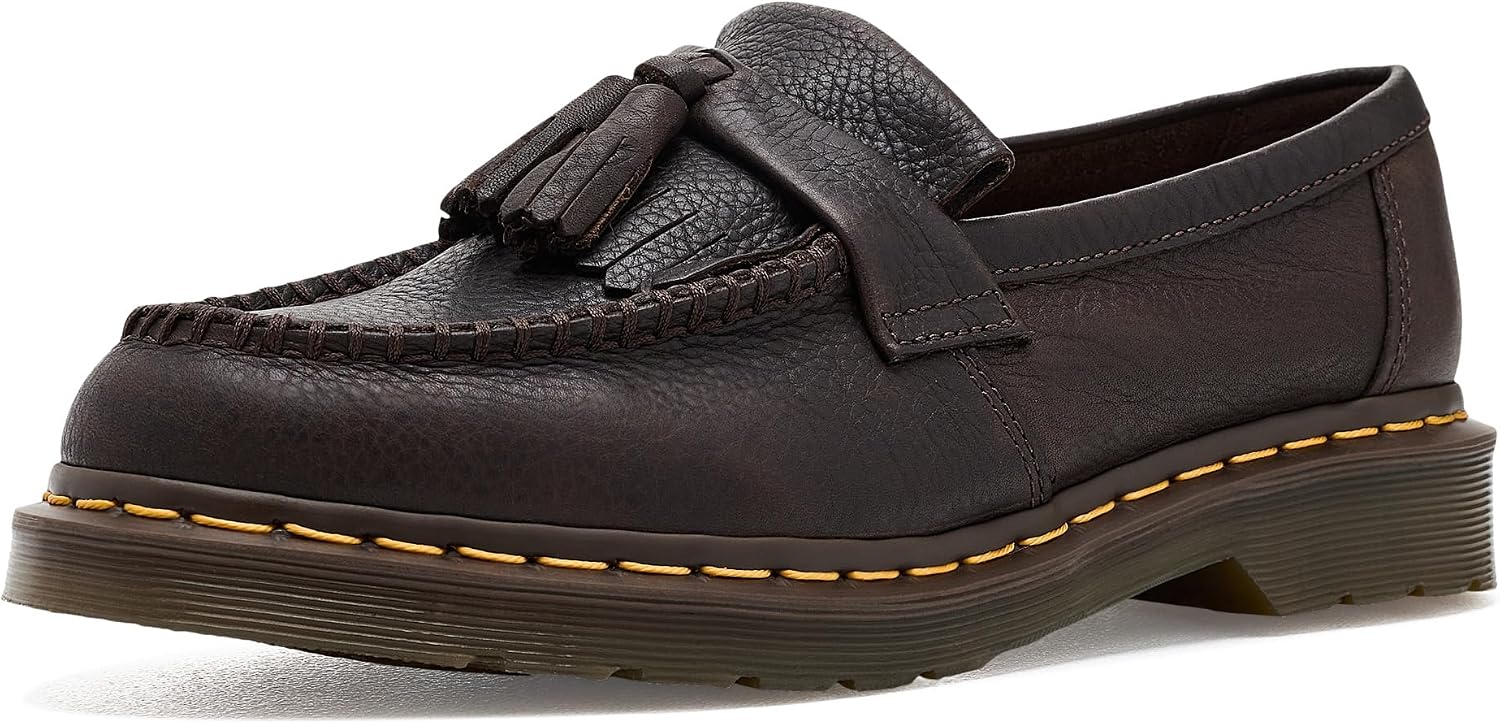 Dr. Martens Unisex Adult Adrian Yellow Stitch Leather Loafers Dark Brown Ambassador