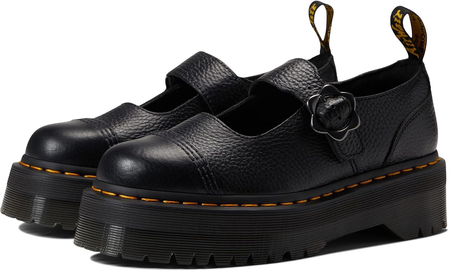 Dr. Martens Women's Addina Flower Leather Quad Shoe Black Milled Nappa